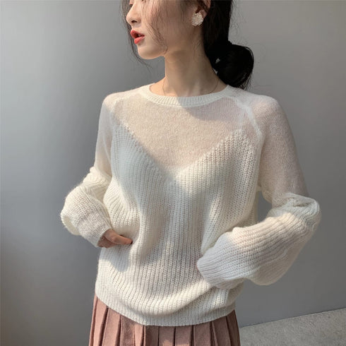 Loose Micro-Openwork Round Neck Pullover